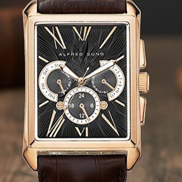 Alfred Sung ION Plated Rose Gold Japanese Movement Watch with Brown Gen - Picture 2 of 7